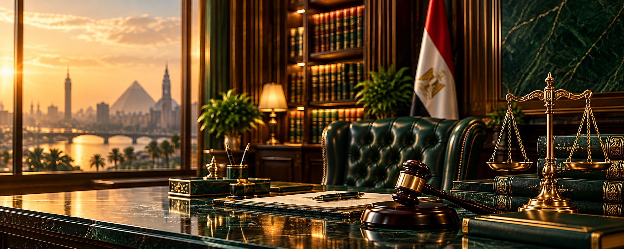 مكتب الصفوة للمحاماة — ميزان العدالة ومطرقة القاضي على مكتب رخامي أخضر